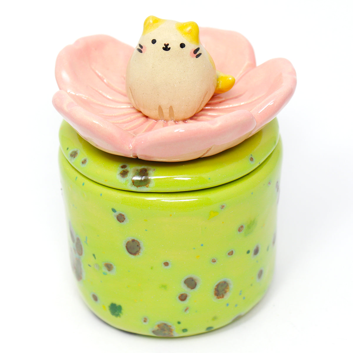 Ceramic Flower Cat Container with Lid #2684