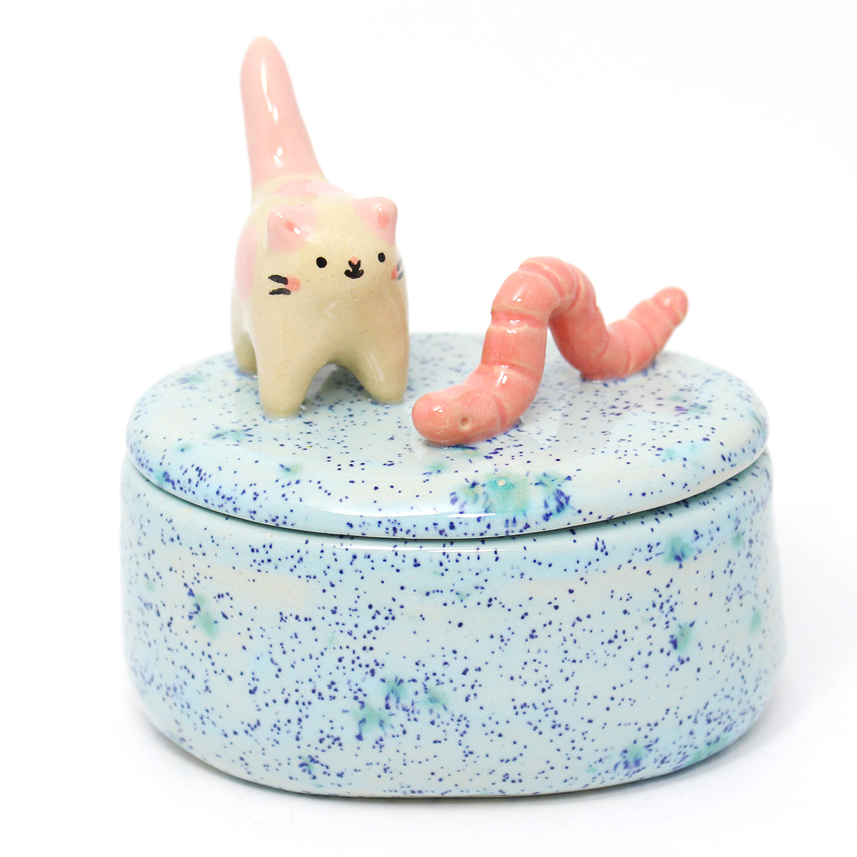 Ceramic Worm Cat Container with Lid #2685