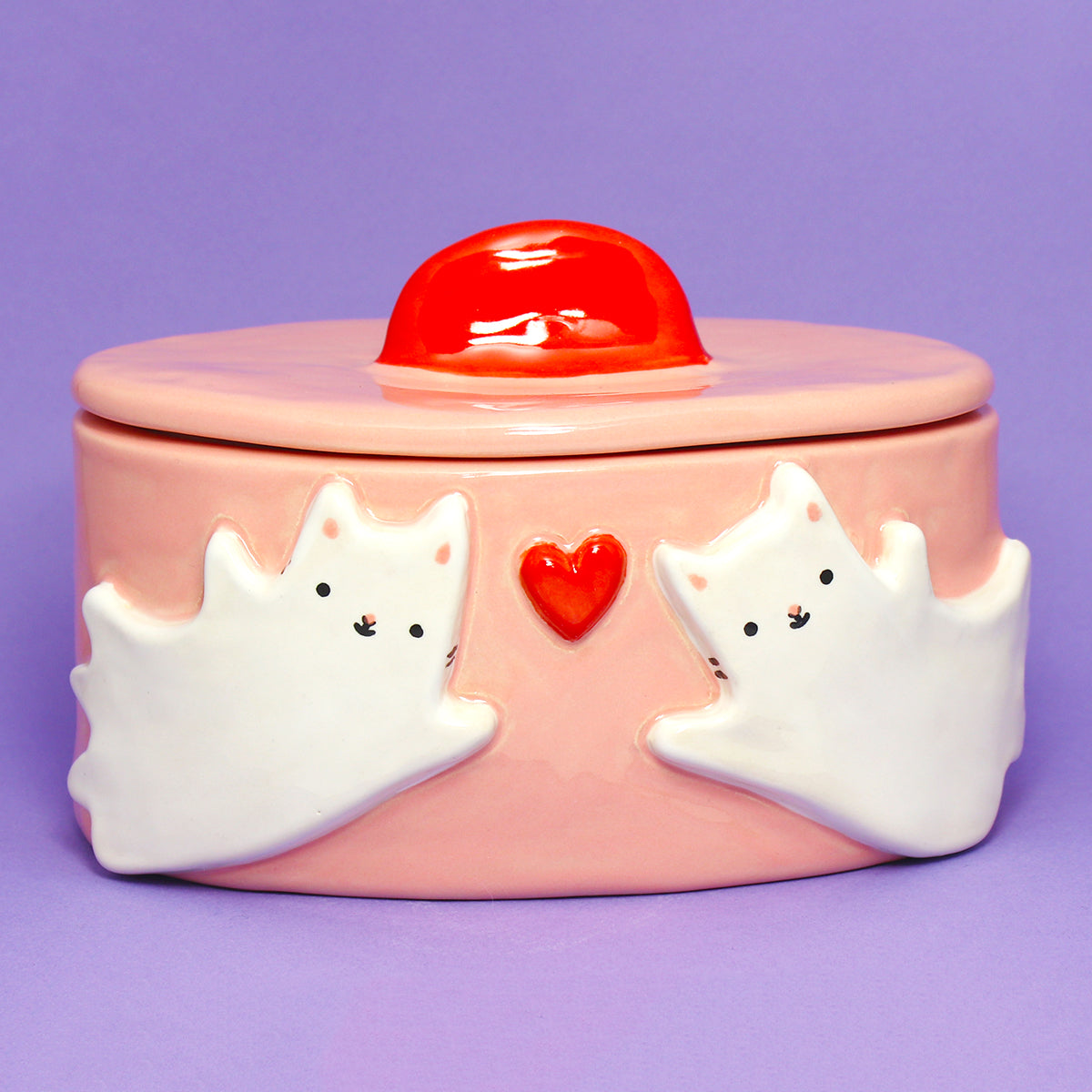 Ceramic Ghost Cats Container with Lid #2865
