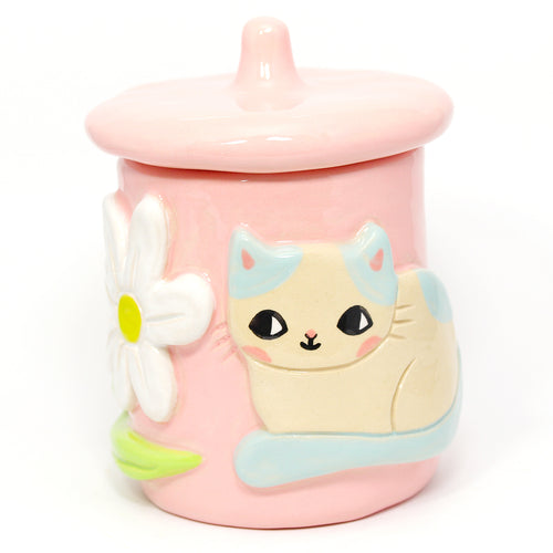 Ceramic Daisy Kitty Container with Lid #2251