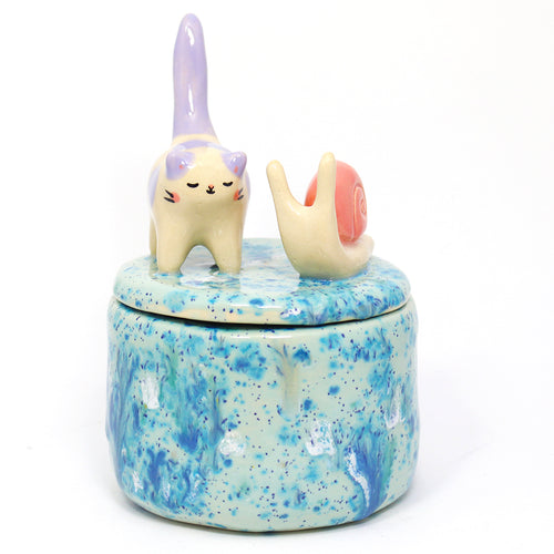 Ceramic Cat and Snail Container with Lid #2824