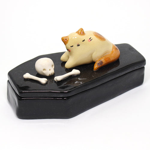 Ceramic Coffin Cat Container with Lid #3222