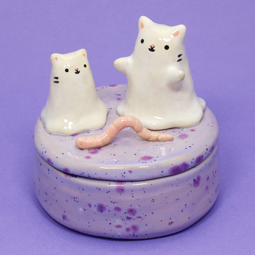 Ceramic Ghost Cats Container with Lid #3223