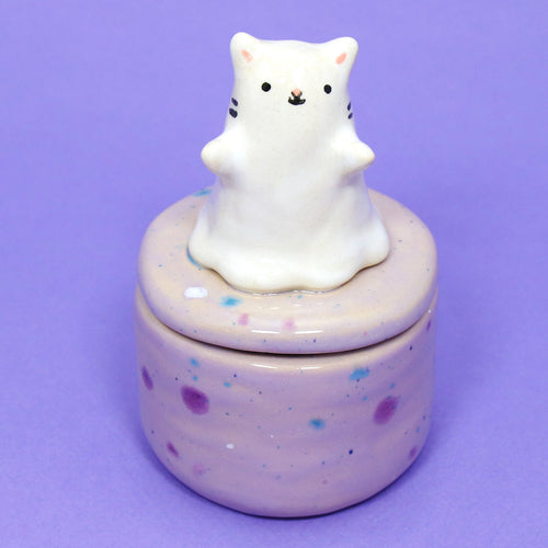 Ceramic Ghost Cat Container with Lid #3224