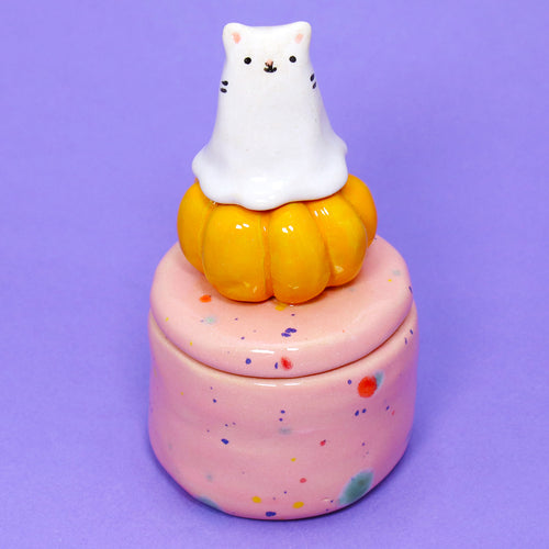 Ceramic Ghost Cat Container with Lid #3252