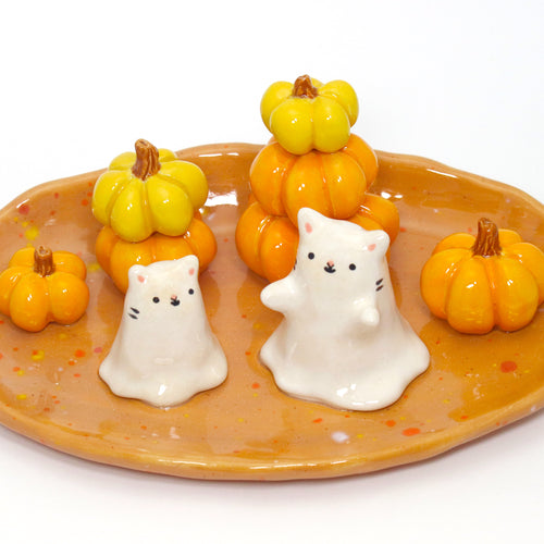 Ceramic Ghost Cats at the Pumpkin Patch Trinket Dish #3256