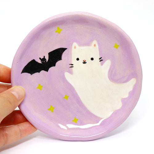 Ceramic Ghost Cat and Bat Trinket Dish #3257