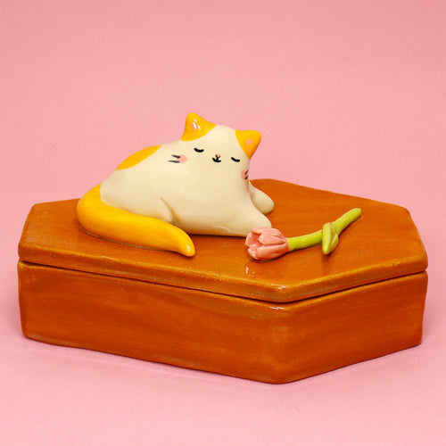 Ceramic Coffin Cat Container with Lid #3221