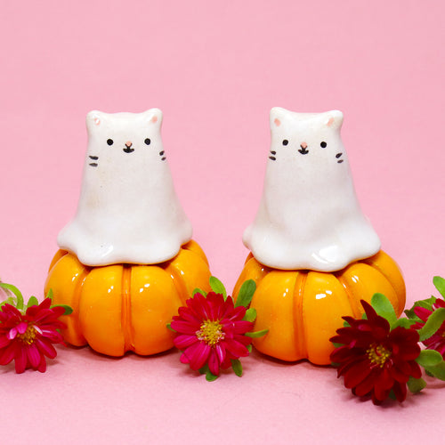 Ceramic Pumpkin Ghost Kitty Mini Figurine - #3258-3262