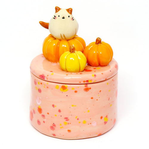 Ceramic Pumpkin Cat Container with Lid #2871