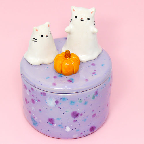 Ceramic Ghost Cats Container with Lid #2872