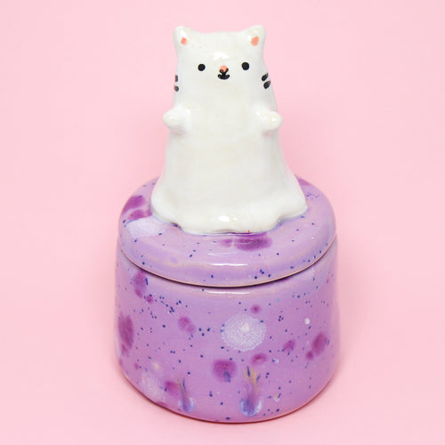 Ceramic Ghost Cat Container with Lid #2877