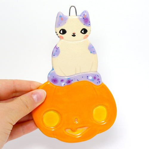 Ceramic Pumpkin Cat Wall Hanging #2919