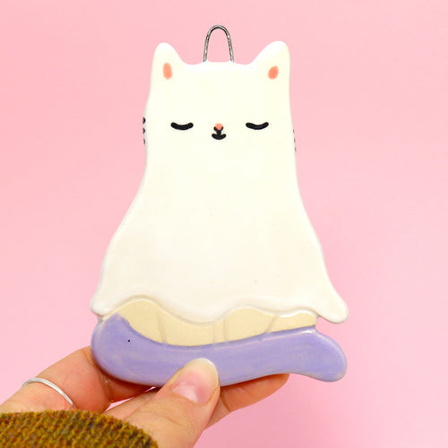 Ceramic Ghost Cat Wall Hanging #2924