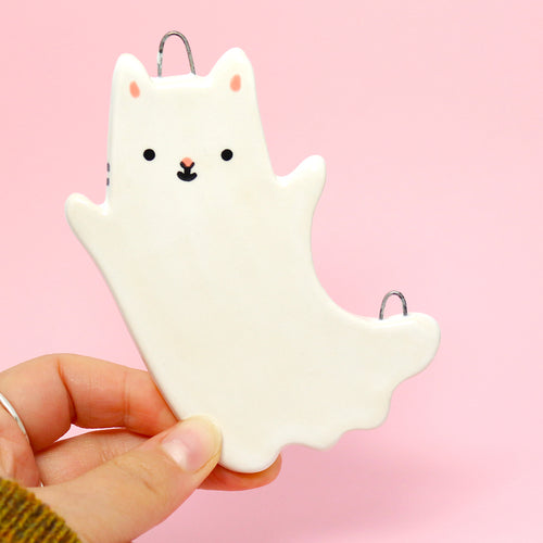 Ceramic Ghost Cat Wall Hanging #2926