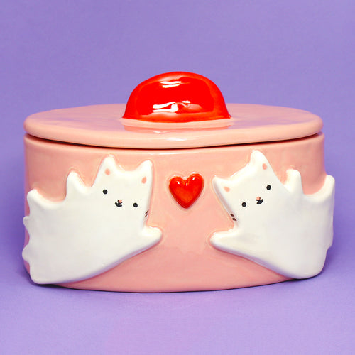 Ceramic Ghost Cats Container with Lid #2865