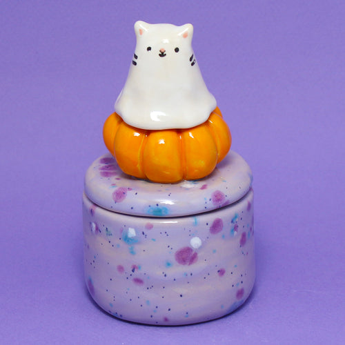 Ceramic Ghost Cat Container with Lid #2875