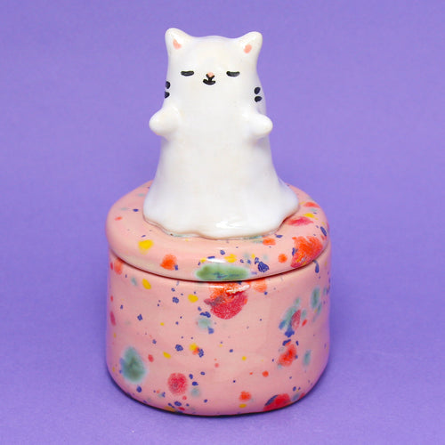 Ceramic Ghost Cat Container with Lid #2878