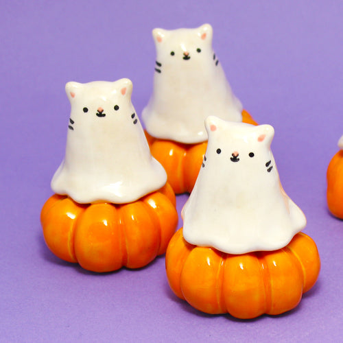 Ceramic Mini Pumpkin Ghost Kitty Figurine - #2892-2896