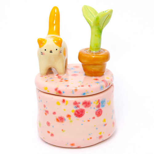 Ceramic Cat and Plant Container with Lid #3142
