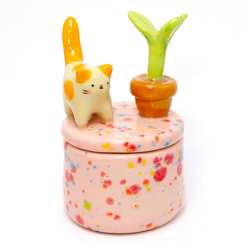 Ceramic Cat and Plant Container with Lid #3142