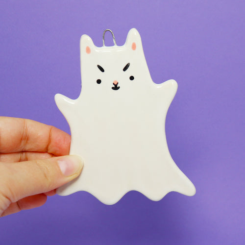 Ceramic Ghost Cat Wall Hanging #2925