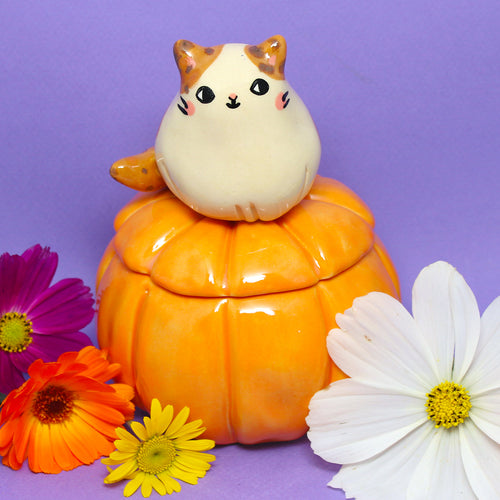 Ceramic Pumpkin Cat Container with Lid #2868