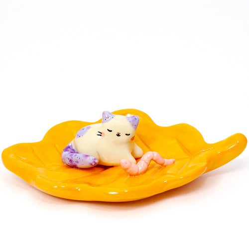Ceramic Leaf and Worm Cat Trinket Dish #2953
