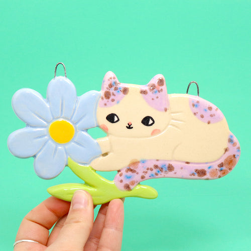 Ceramic Forget-me-not Cat Wall Hanging #3181