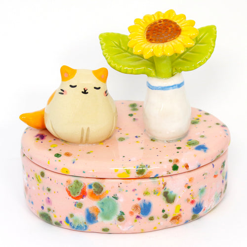 Ceramic Sunflower Cat Container with Lid #3189
