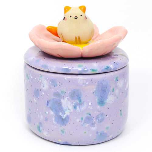Ceramic Blossom Cat Container with Lid #2808