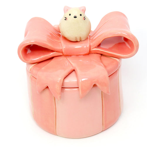 Ceramic Bow Cat Container with Lid #3008
