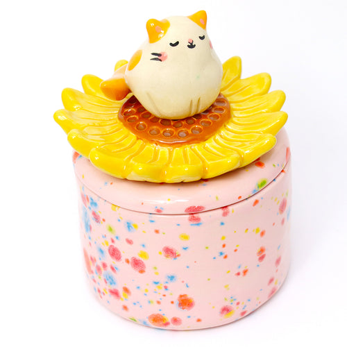 Ceramic Sunflower Cat Container with Lid #3010